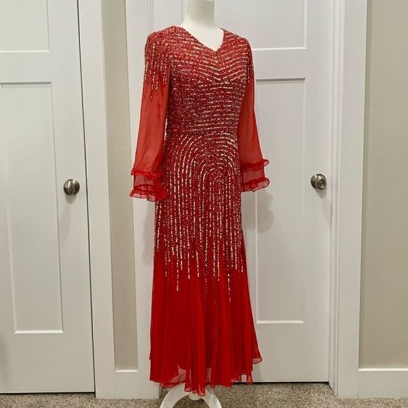 Vintage Red long-sleeve  beaded and sequined chiffon evening dress - Picture 4 of 14
